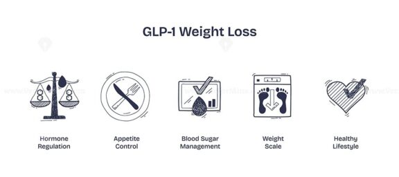 GLP-1 weight loss concept with scales, plate, and heart. Doodle style icons.