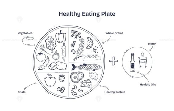 The Healthy Eating Plate diagram illustrates balanced nutrition with vegetables, whole grains, and proteins. Diagram