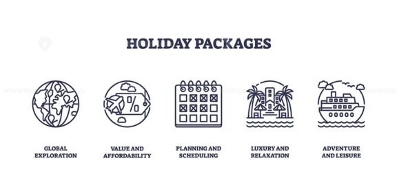 Holiday packages icons outline featuring globe, calendar, and cruise ship. Outline icons set.