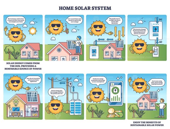 home solar power system comic style diagram 1