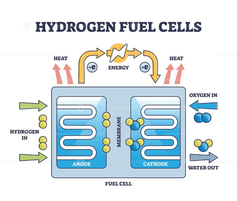 Hydrogen fuel cells work principle with educational structure outline