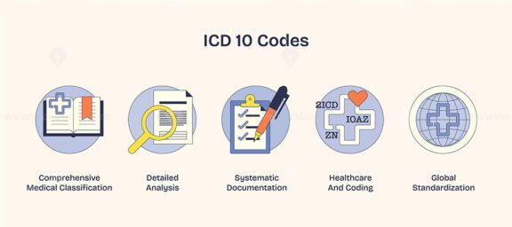 ICD 10 Codes icons with book, checklist, and globe symbolize medical classification and global standardization. Neubrutalism style