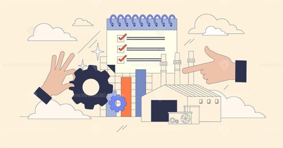 Manufacturing index visualized with gears, checklist, and hands pointing. Neubrutalism hands concept