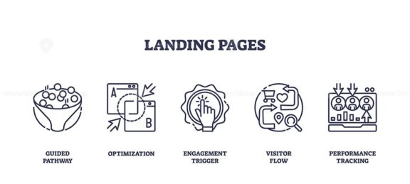 Landing pages concept with icons for guided pathway, optimization, and engagement trigger. Outline icons set.