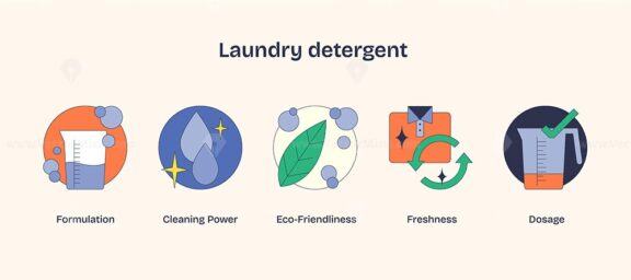 Laundry detergent icons with measuring cup, water droplets, and leaf symbolize efficiency and eco-friendliness. Neubrutalism style