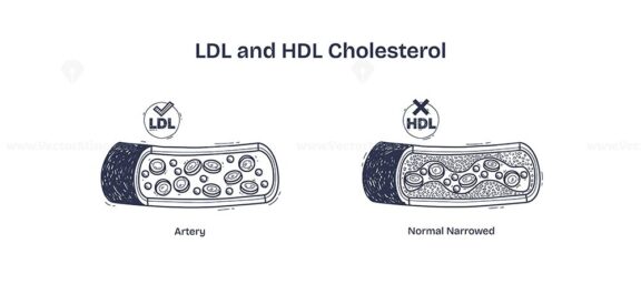 LDL and HDL cholesterol diagram shows artery health. Key objects, LDL, HDL, artery. Diagram