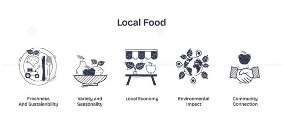 Local food concept with farm, basket, and globe emphasizing sustainability and community. Doodle style icons.