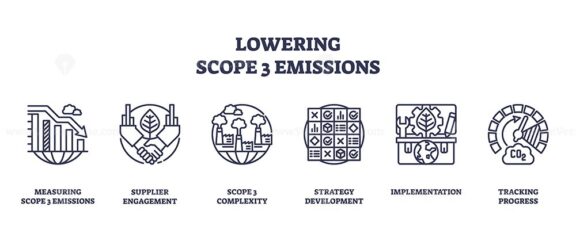 Lowering Scope 3 emissions involves measuring, supplier engagement, and tracking progress. Outline icons set