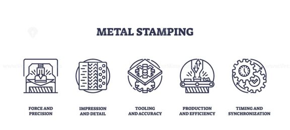 Metal stamping involves precision, detail, and efficiency. Key objects, press, gears, tooling. Outline icons set.