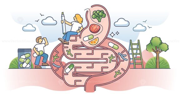 Microbiome health and gastrointestinal gut or colon care outline concept