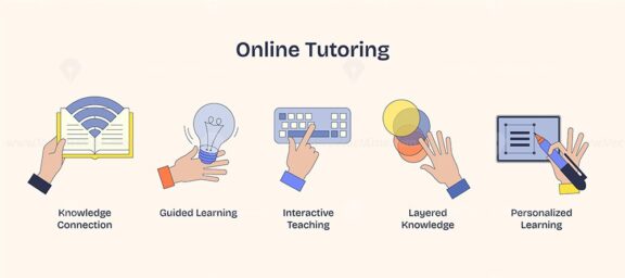 Online tutoring visual with hands holding a book, light bulb, keyboard, and tablet. Neubrutalism hands concept