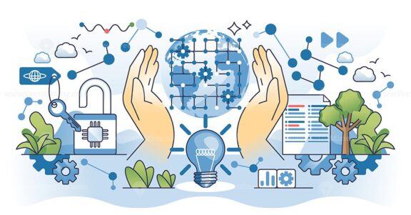 Open source AI concept with hands, globe, and gears symbolizing collaboration and innovation. Outline hands concept