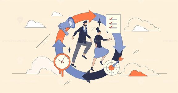 PDCA cycle depicted with people, arrows, and checklist, illustrating continuous improvement in Neubrutalism style.