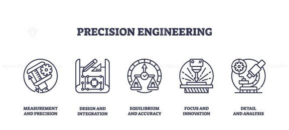 Precision engineering focuses on accuracy with icons of calipers, gears, and microscopes. Outline icons set.