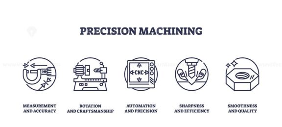 Precision machining involves accuracy, automation, and quality. Key objects, caliper, CNC machine, bolt. Outline icons set