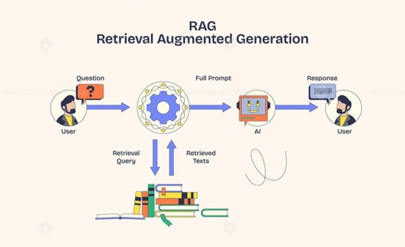 RAG illustrates data flow with AI, users, and books, emphasizing retrieval and generation. Neubrutalism style diagram.