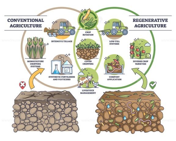 Regenerative agriculture vs conventional soil practices outline diagram