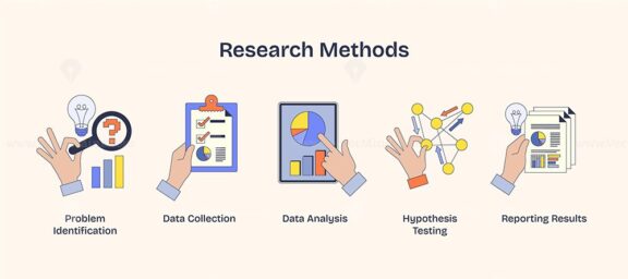 Research methods visualized with hands holding tools for problem-solving, data analysis, and reporting. Neubrutalism hands concept