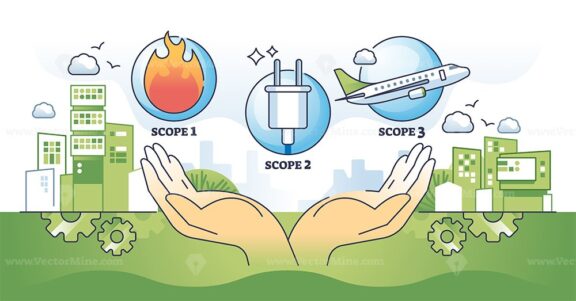 Scopes of emissions and CO2 air pollution sources outline hands concept