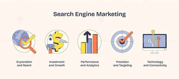 Search Engine Marketing icons depict growth, analytics, and targeting. Key objects, globe, dollar sign, bar chart. Neubrutalism style.