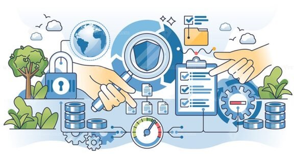 Security lifecycle review or SLR for security risks outline hands concept