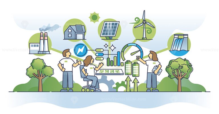 Smart grid station with renewable and green electricity power outline ...