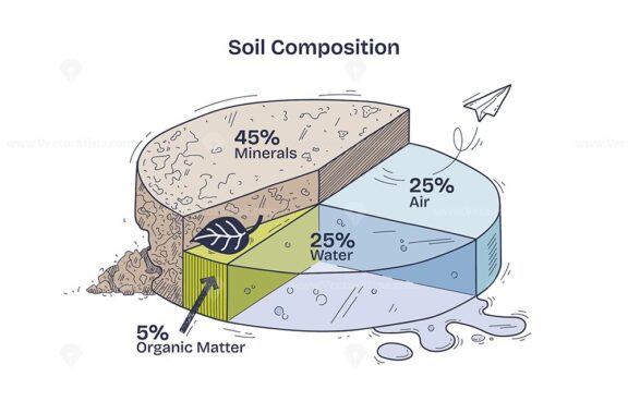 Soil composition diagram shows minerals, water, air, and organic matter in a pie chart. Doodle style diagram