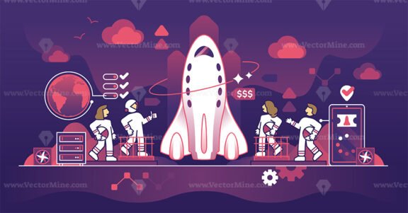 Space tourism and commercial space travel with passengers outline concept