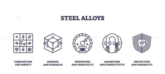 Steel alloys icons outline showing composition, bonding, properties, magnetism, and protection. Outline icons set.