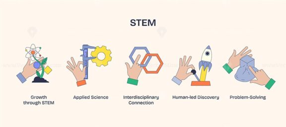 STEM focus with hands interacting with atom, gear, and rocket. Neubrutalism hands concept