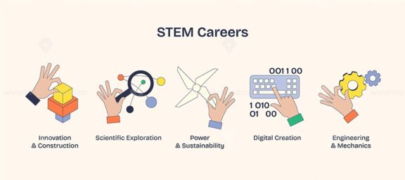 STEM careers depicted with hands holding tools like gears, magnifying glass, and wind turbine. Neubrutalism hands concept