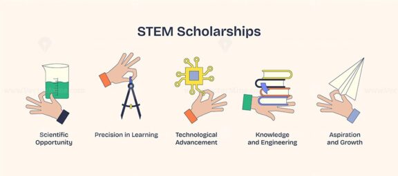 STEM scholarships depicted through hands holding symbols of science, technology, and learning. Neubrutalism hands concept