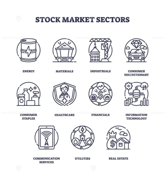 Stock market sectors visualized with outline icons. Key objects, energy, healthcare, real estate. Outline icons set.