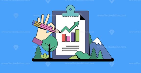 Sustainability reporting visualizes growth with hands holding a pencil and a chart. Neubrutalism hands concept