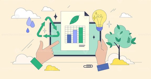 Sustainability reporting and environmental strategy tiny neubrutalism concept. Business planning to reduce CO2 emissions and invest in green, sustainable energy vector illustration. Climate policy.