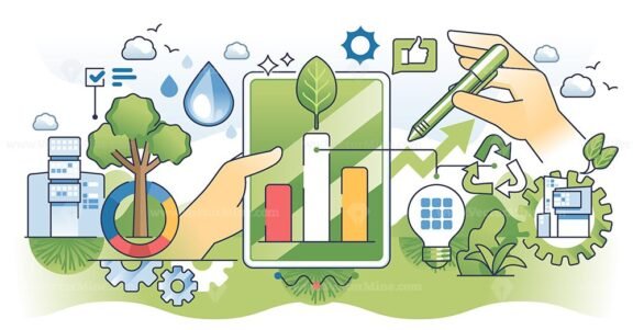 Sustainability reporting and green business initiatives outline hands concept