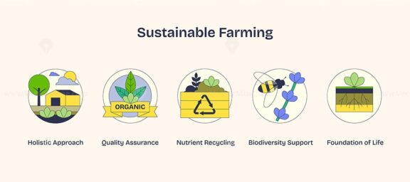 Sustainable farming icons depict organic growth, recycling, and biodiversity in Neubrutalism style.