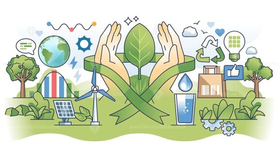 Sustainable marketing for eco business practices outline hands concept