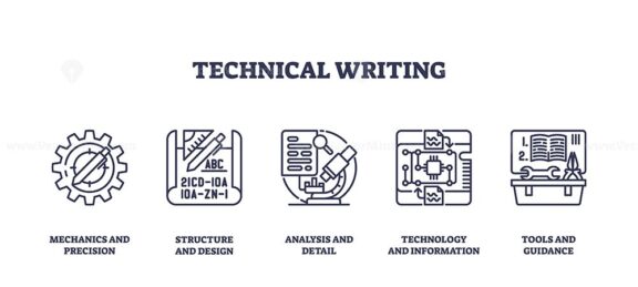 Technical writing involves precision, structure, analysis, technology, and guidance. Outline icons set