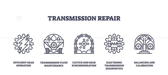 Transmission repair icons outline show gear, fluid, and diagnostics. Outline icons set.