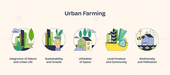 Urban farming icons depict integration of nature and city life with plants, buildings, and bees. Neubrutalism style