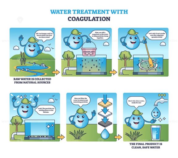 water treatment with coagulation comic style diagram 1