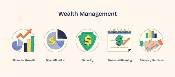 Wealth management icons show growth, security, and planning. Neubrutalism style