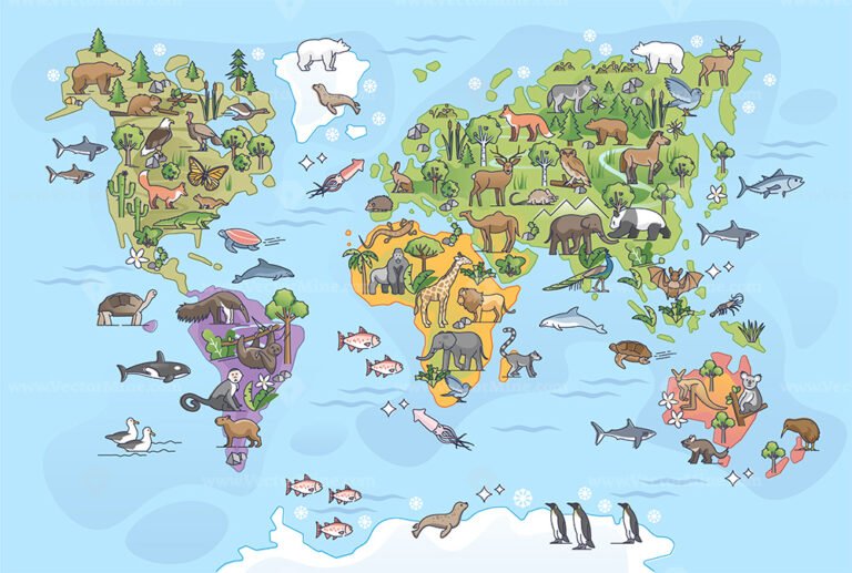 World map with animals as all continents natural habitat outline ...